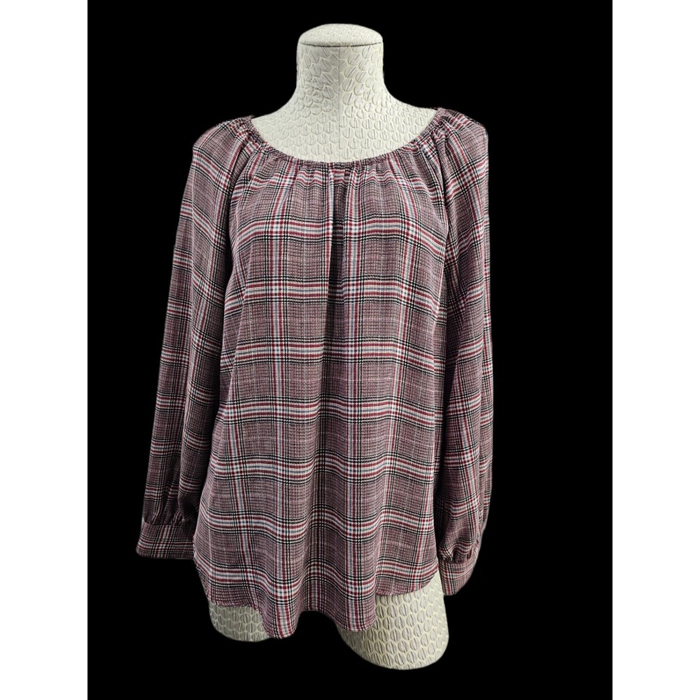 SKIES ARE BLUE M Plaid Flowy Boho Peasant Blouse Shirt Top Summer EUC